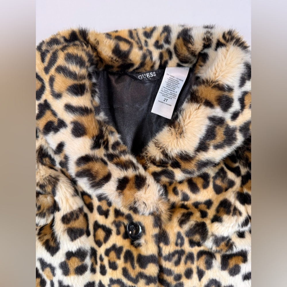 GUESS KIDS Toddler Girls’ Leopard Print Faux Fur Mafia Fashion Pea Coat Size 2T - Picture 7 of 8